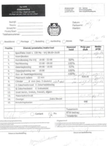 malafide slotenmaker Factuur van slotenservice met handgeschreven bedragen en diensten.
