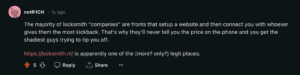 Screenshot van een online discussie over slotenmakersdiensten.