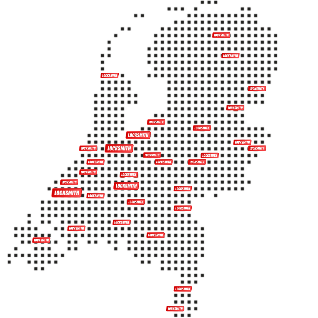 Kaart van Nederland met het werkgebied van Locksmith: onze monteurs komen overal op locatie