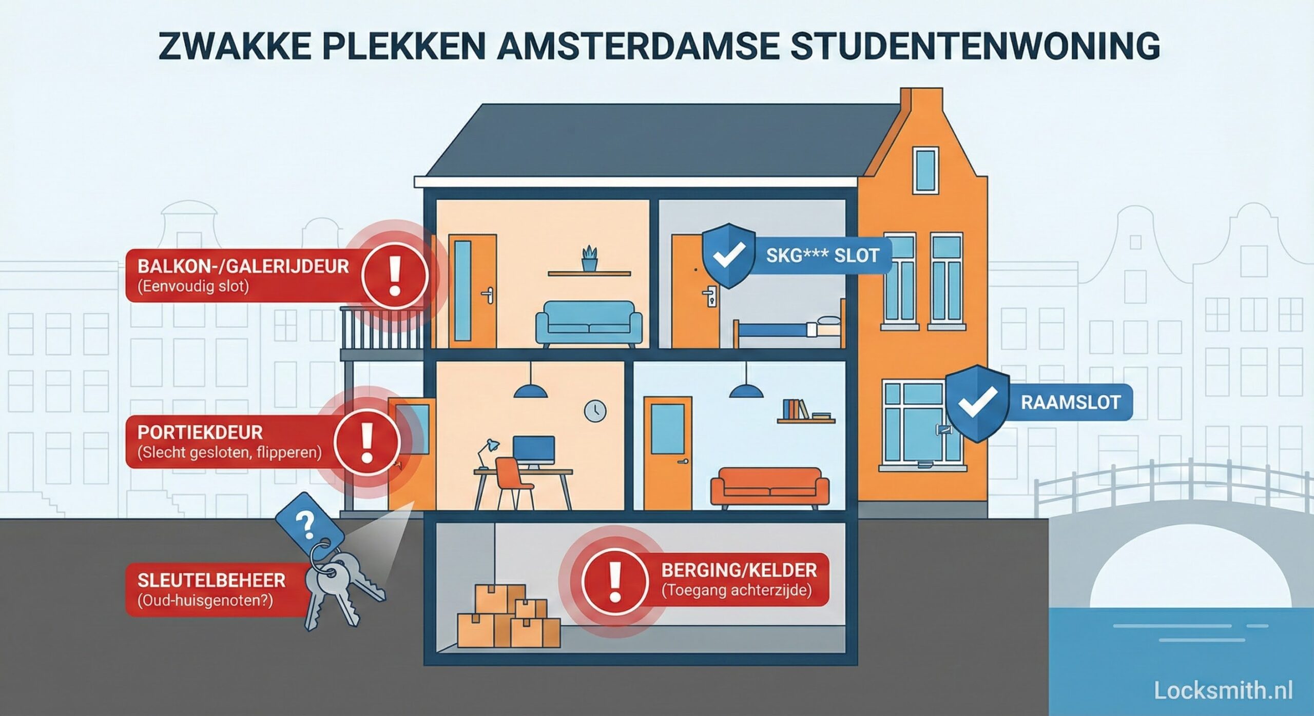 Infographic doorsnede van een Amsterdamse studentenwoning met de grootste inbraakrisico's. Gemarkeerde zwakke plekken zijn: balkon- en galerijdeuren met eenvoudige sloten, slecht gesloten portiekdeuren (flipperen), onduidelijk sleutelbeheer en toegang via berging of kelder.