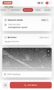 Locksmith app showing an emergency lockout job in Voorburg