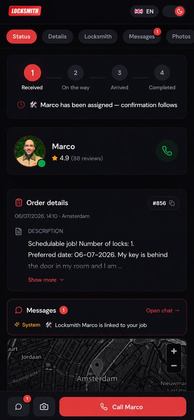 Locksmith app showing an assigned emergency lockout job in Amsterdam, locksmith Marco with a 4.9 rating