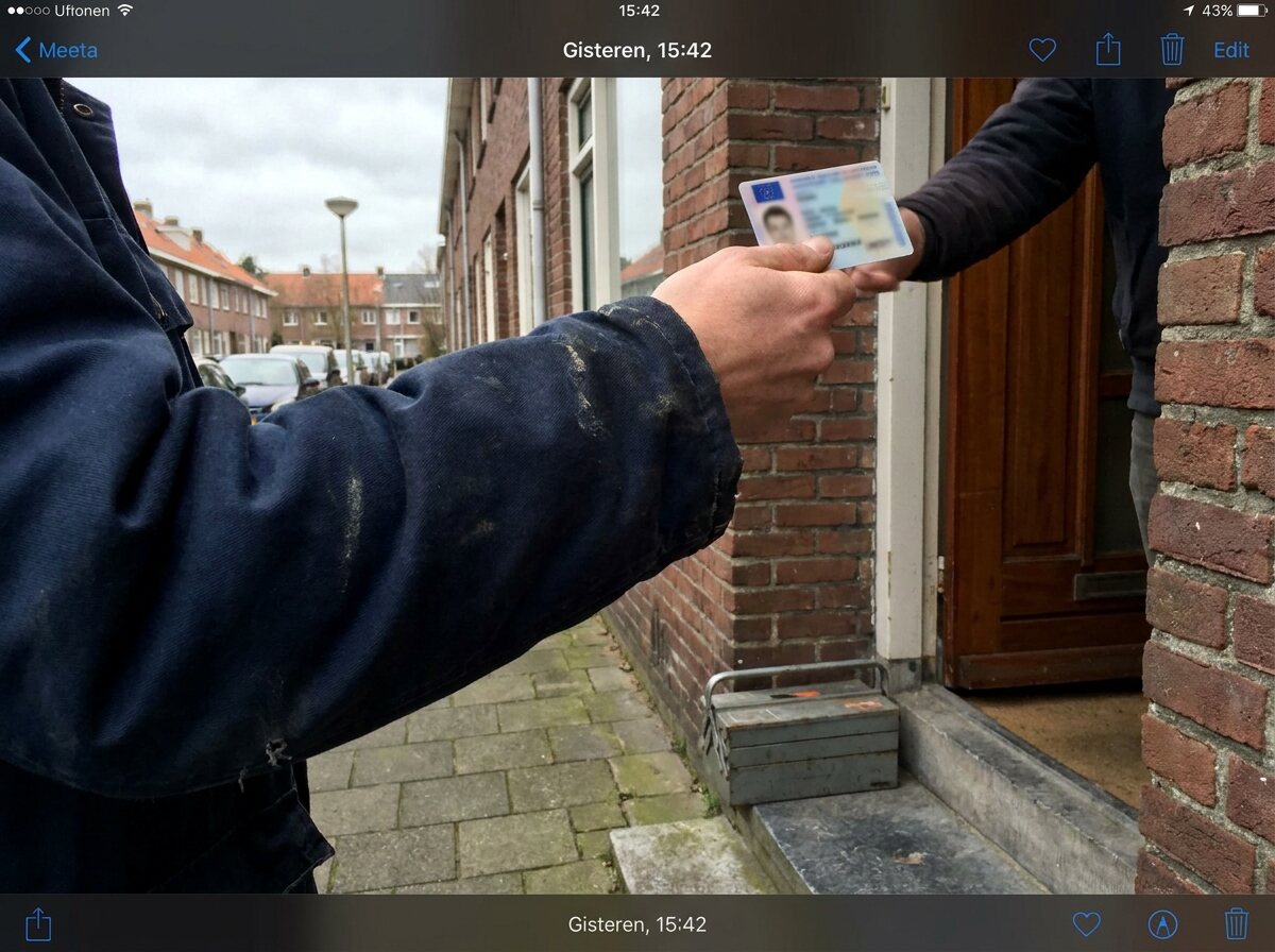 Bewoner toont legitimatiebewijs aan slotenmaker bij de voordeur